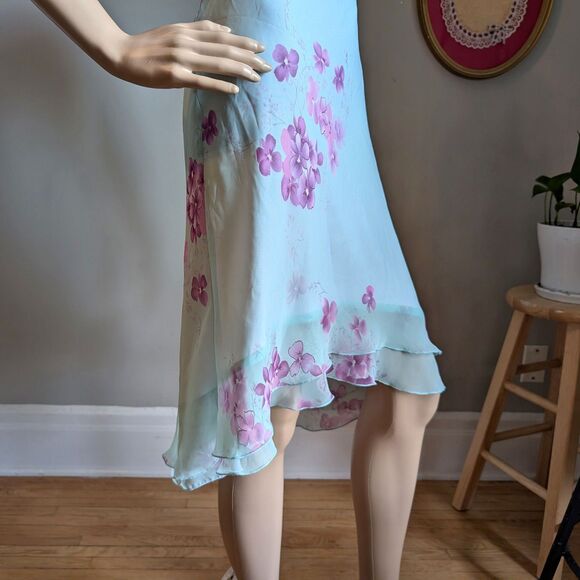 Vintage 90s Teeze Me Floral Dress Midi Watercolor Blue Cowl Jrs Size 3 - Picture 9 of 9